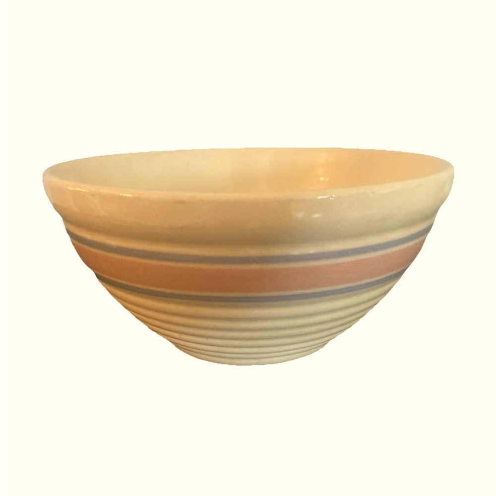Vintage McCoy Mixing Bowl w Blue & Pink Stripes, 8.75” D x 4” H